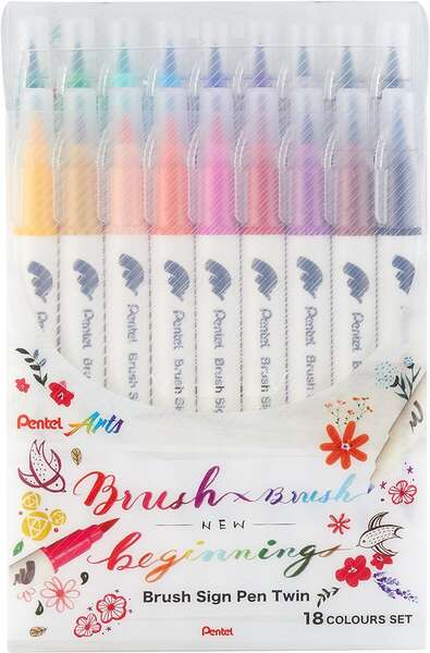Pentel Brush Sing Pen Twin Pack de 18 Rotuladores con Doble Punta de Pincel Flexible - Punta Ancha 1-4mm, Punta Fina 0,2-2mm - Colores Surtidos