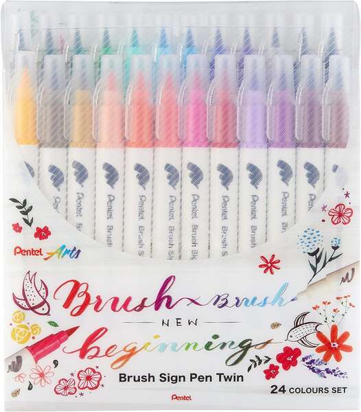 Pentel Brush Sing Pen Twin Pack de 24 Rotuladores con Doble Punta de Pincel Flexible - Punta Ancha 1-4mm, Punta Fina 0,2-2mm - Colores Surtidos