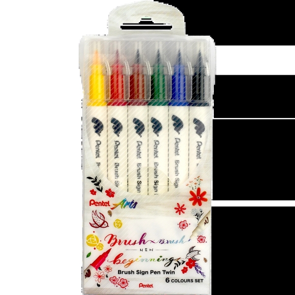 Pentel Brush Sing Pen Twin Pack de 6 Rotuladores con Doble Punta de Pincel Flexible - Punta Ancha 1-4mm, Punta Fina 0,2-2mm - Colores Surtidos