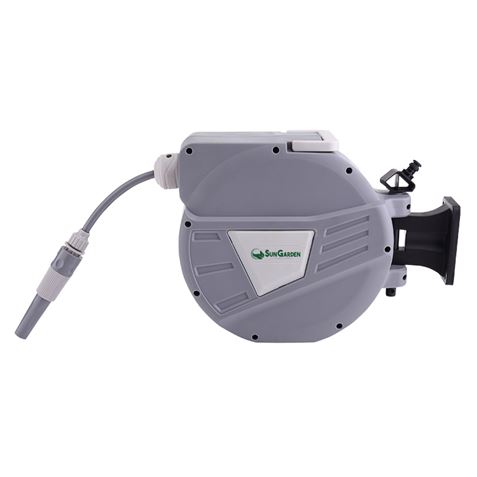Sungarden SG0164 Manguera 10 Metros - Recogedor Automatico con Guia - Soporte Para Instalacion en Pared - Giro 180 - Color Gris