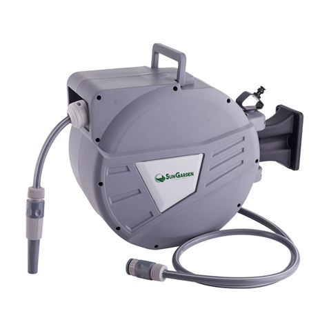 Sungarden SG0165 Manguera 20 Metros - Recogedor Automatico con Guia - Funcion de Retraccion Lenta - Soporte Para Instalacion en Pared - Giro 180 - Color Gris