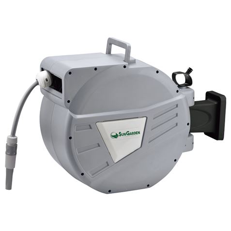 Sungarden SG0166 Manguera 30 Metros - Recogedor Automatico con Guia - Funcion de Retraccion Lenta - Soporte Para Instalacion en Pared - Giro 180 - Color Gris