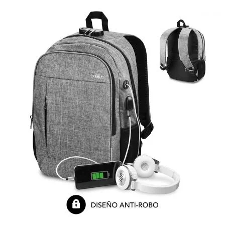 Subblim Mochila Urban Lock System - para Portatiles de hasta 16\" - Bloqueo Antirrobo - Correas Ergonomicas - Espalda con Sistema Airflow - Doble Cremallera - Bolsillos Laterales de Malla - Puerto USB - Salida de Auriculares - Color Gris