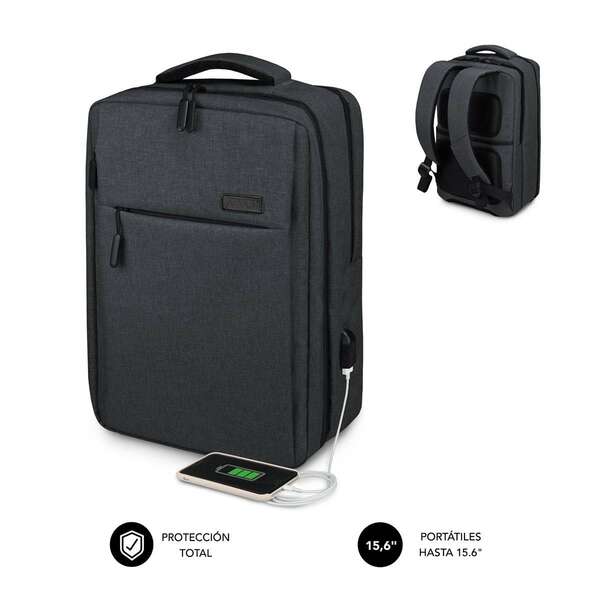 Subblim Mochila para Portatiles de 15,6\" - Espacio Acolchado para Portatil - Bolsillo para Tablet - Organizadores Internos - Puerto USB - Color Negro