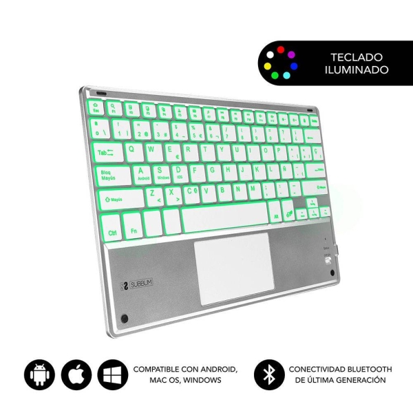 Subblim Teclado Retroiluminado Ultrafino SMART BT - TouchPad - Iluminación Hasta 7 Colores Ajustables - Bluetooth 3.0 - Autonomia 30 dias - Color Plata