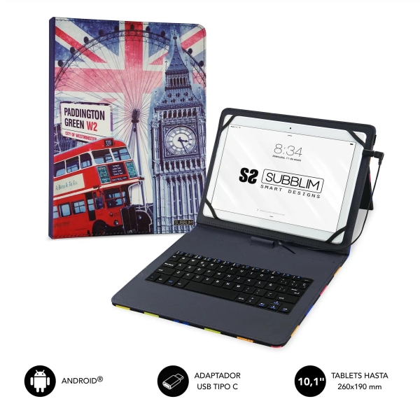 Subblim Keytab Pro USB - Teclado con Funda Universal para Tablets - Comodidad y Flexibilidad al Escribir - Angulo Ideal para Escribir o Ver Videos - Atril Magnetico - Colores Varios