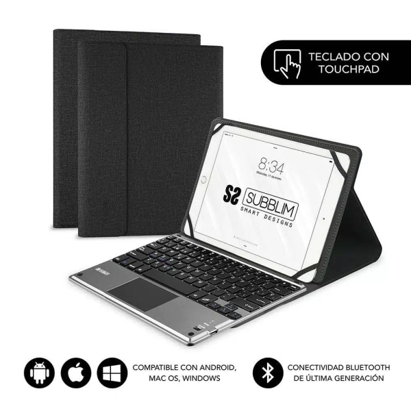 Subblim Teclado Bluetooth extraíble - Funda universal 9-10.1\" - Diseño ultradelgado - Soporte ajustable - Touchpad - Sistema magnético - Resistente y adaptable - Inalámbrico - Bluetooth - Color Negro