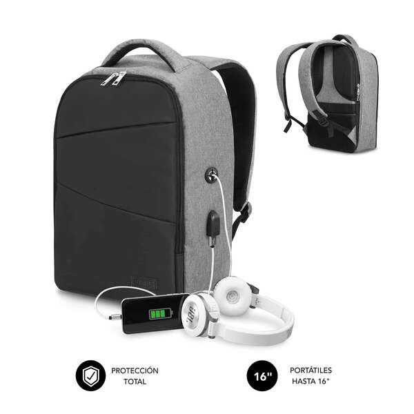 Subblim Mochila Antirrobo para Portatiles 15,6\" - Departamento Independiente - Espacio Acolchado - Air Padding - Doble Cremallera - Color Negro/Gris