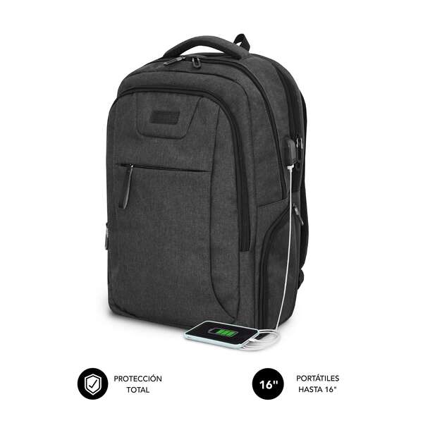 Subblim Mochila Air Padding para Portatil de 16\" - Departamentos y Bolsillos Organizadores - Resistente al Agua - Puerto USB - Color Negro