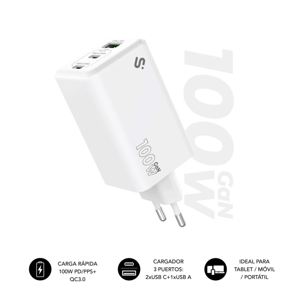Subblim Cargador de Pared GaN 100W - 3 Puertos (2xUSB-C + 1xUSB-A) - Carga ultra rÃ¡pida - Color Blanco