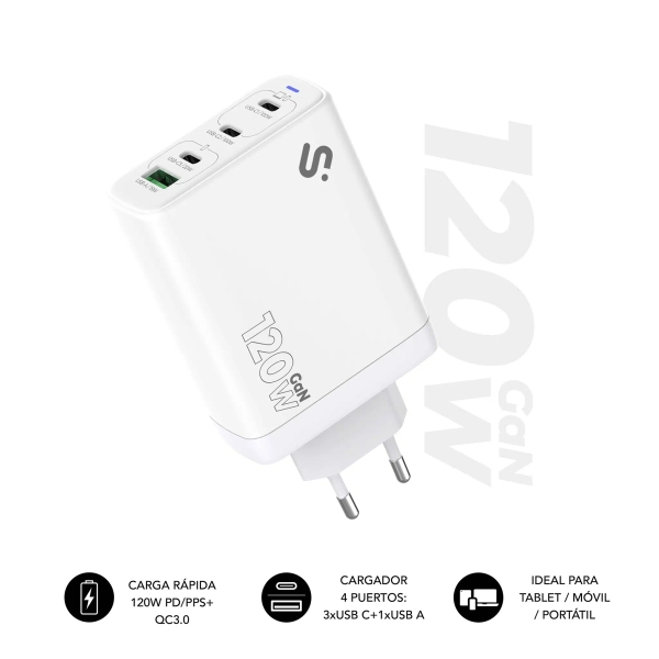 Subblim Cargador de Pared GaN 120W - 4 Puertos (3xUSB-C + 1xUSB-A) - Carga ultra rÃ¡pida - Color Blanco