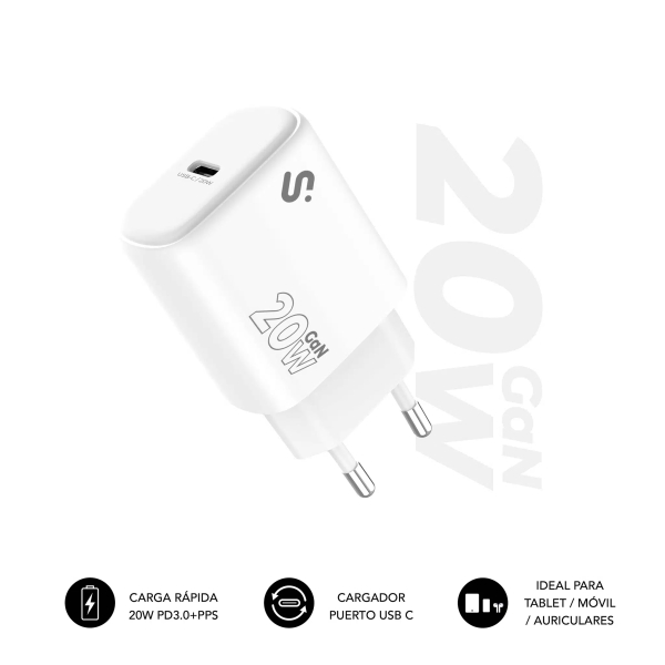 Subblim Cargador de Pared GaN 20W - USB-C - Carga rÃ¡pida - Color Blanco