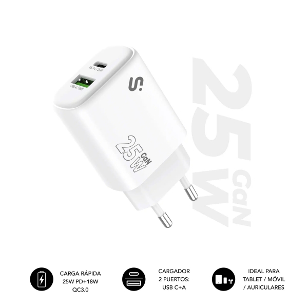 Subblim Cargador de Pared GaN 25W - USB-C + USB-A - Carga rÃ¡pida - Color Blanco