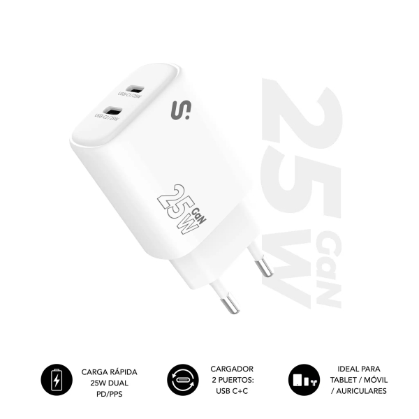 Subblim Cargador de Pared GaN 25W - 2xUSB-C - Carga rÃ¡pida - Color Blanco