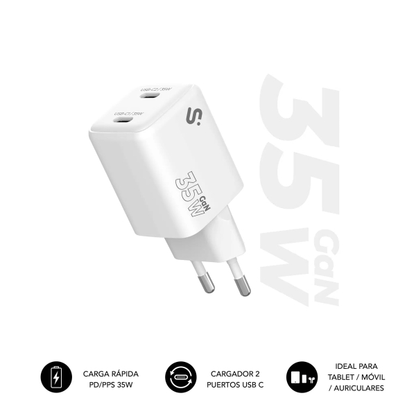 Subblim Cargador de Pared GaN 35W - 2xUSB-C - Carga rÃ¡pida - Color Blanco