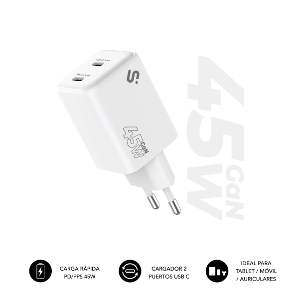 Subblim Cargador de Pared GaN 45W - 2xUSB-C - Carga Ultra rÃ¡pida - Color Blanco