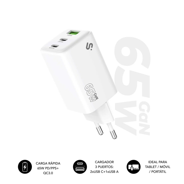 Subblim Cargador de Pared GaN 65W - 3 Puertos (2xUSB-C + 1xUSB-A) - Carga ultra rÃ¡pida - Color Blanco
