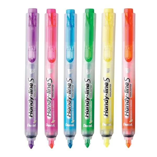 Pentel Handy Line S Pack de 6 Marcadores Fluorescentes Retractiles - Tinta Liquida - Trazo de 1.6 a 3mm - Formato Fino con Clip - Colores Amarillo, Naranja, Fucsia, Violeta, Verde y Azul