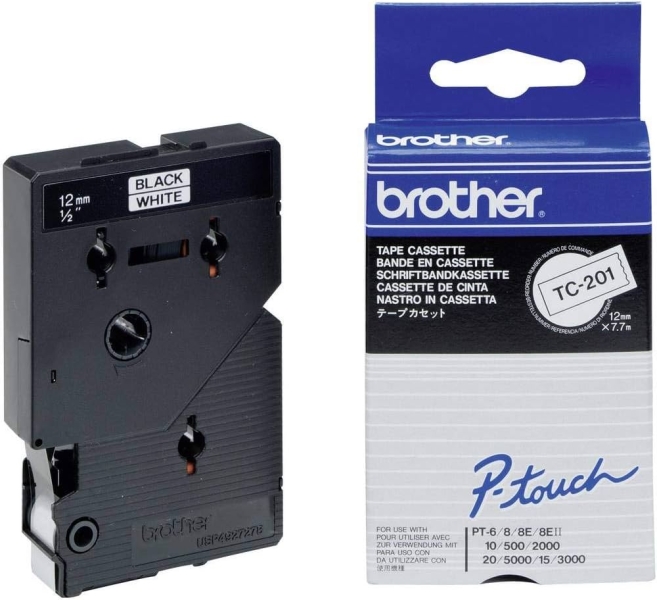 Brother TC201 Cinta Laminada Original para Rotuladora - Texto Negro sobre Fondo Blanco - Ancho 12mm x 7 metros Brother TC201 Cinta Laminada Original para Rotuladora - Texto Negro sobre Fondo Blanco - Ancho 12mm x 7 metros