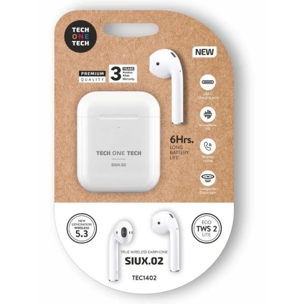 TechOneTech SIUX.02 Auriculares Inalambricos Bluetooth TWS - Hasta 20h de Reproduccion - IPX5 - Color Blanco