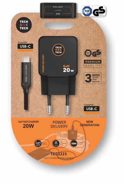 TechOneTech Cargador de Pared Ultrarrápido GaN 20W Negro + Cable USB-C TechOneTech Cargador de Pared Ultrarrápido GaN 20W Negro + Cable USB-C