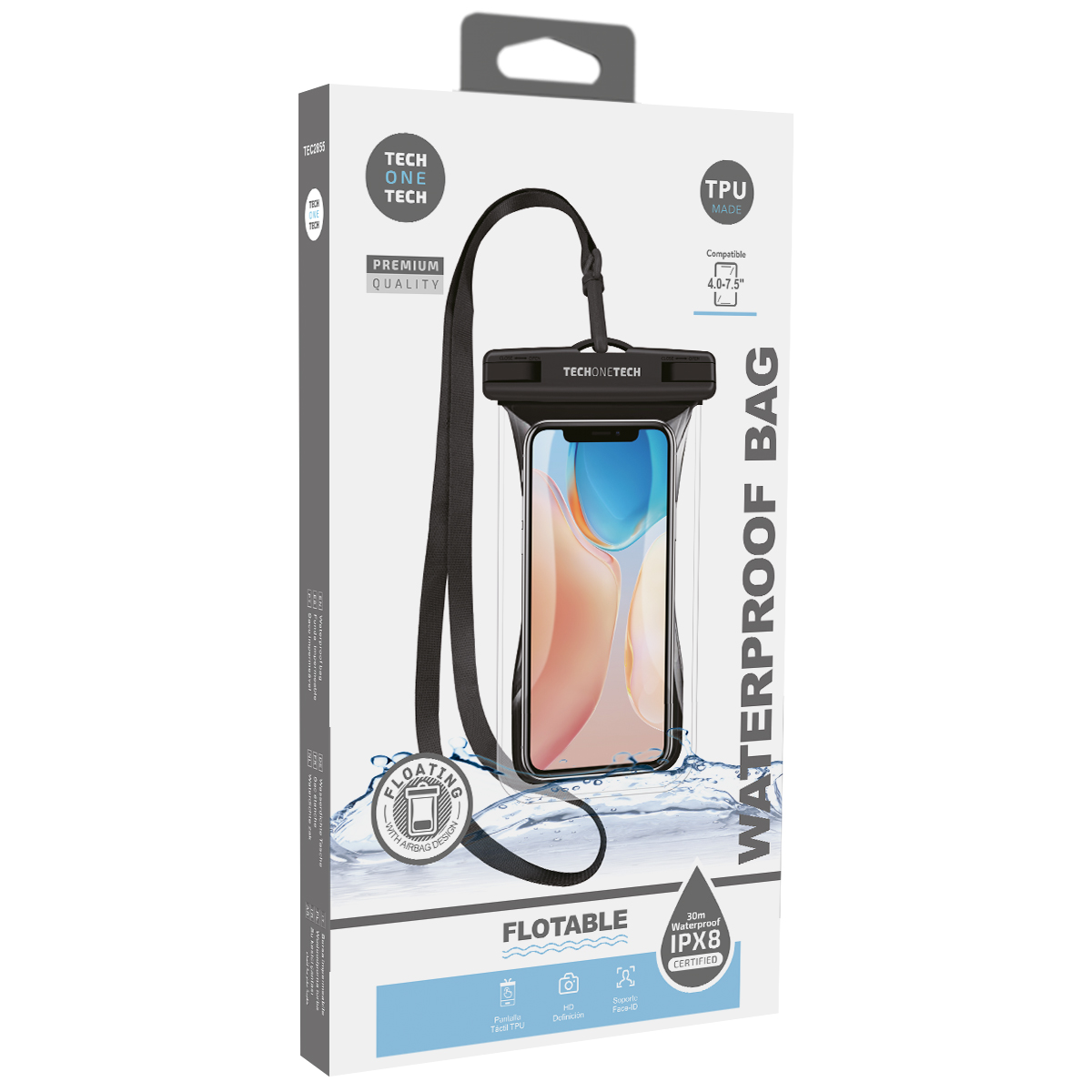 TechOneTech Funda Impermeable para Smartphone hasta 7.5\" - Con Colgante - Resistencia IPX8 - Fabricada en TPU