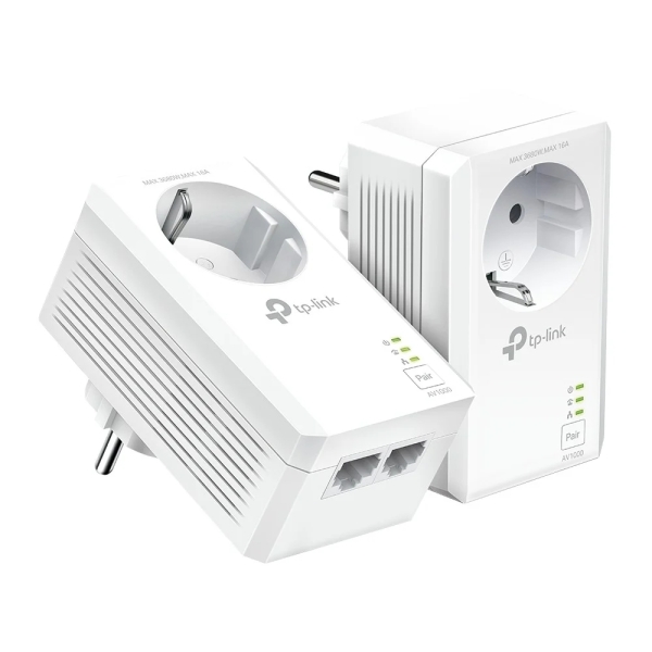 TP-Link TL-PA7027P KIT Pack de 2 Adaptadores Powerline - Velocidad hasta 1Gbps - Cobertura hasta 300m - Toma de Corriente Integrada - 2 Puertos Ethernet - Plug and Play - Color Blanco