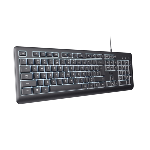 Trust Primo Teclado de Formato Completo con Cable USB-C - Retroiluminacion LED - Proteccion contra Derrames - 104 Teclas Silenciosas - Adaptador USB-A - 22x184x436mm - Color Negro Trust Primo Teclado de Formato Completo con Cable USB-C - Retroiluminacion LED - Proteccion contra Derrames - 104 Teclas Silenciosas - Adaptador USB-A - 22x184x436mm - Color Negro