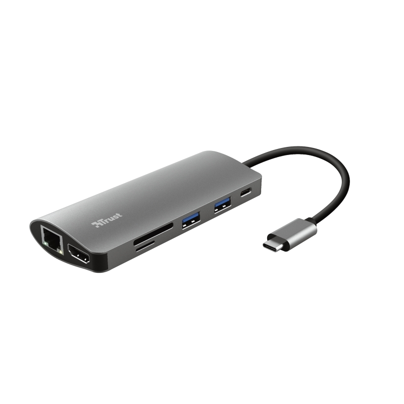 Trust Dalyx Docking Station USB-C 7 en 1 - USB-A, USB-C, HDMI y Ethernet - Lector de SD/MicroSD - Hasta 5Gbps - Aluminio