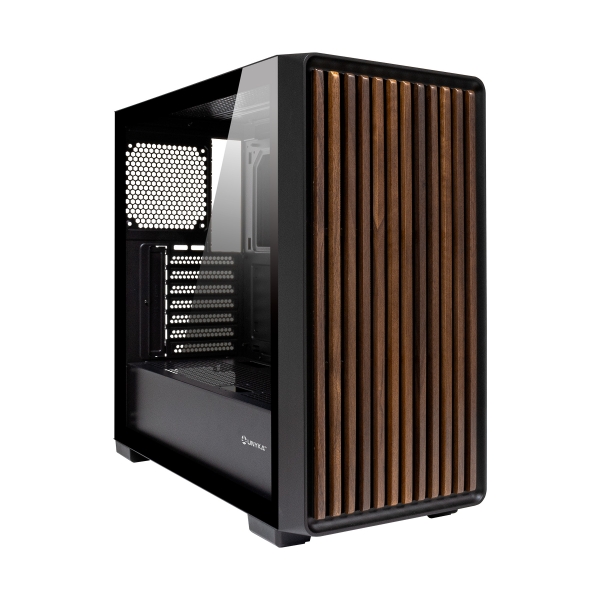 Unykach Revelat Madeira Black Caja ATX, Micro ATX, ITX - Lateral de Vidrio Templado y Frontal con Listones de Madera Natural - 3.5\", 2.5\" - USB-A 3.0, USB-C y Audio - Soporta Refrigeracion Liquida - Color Negro