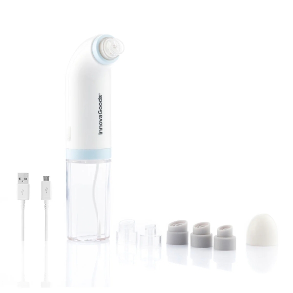 Innovagoods Hyser Hidrolimpiador Facial de Impurezas Recargable - Bateria 400mAh - 2 Depositos de 40ml - Cable 80cm - Recargable - Cabezales Incluidos - 20.5x8cm - Color Blanco