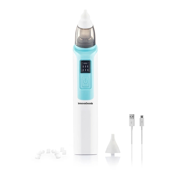 Innovagoods Nizi Aspirador Nasal para Bebes - Silencioso - 6 Velocidades - Bateria 500mAh - Ergonomico - Incluye Accesorios - Recargable - Facil Limpieza - 3.7x19.4x4.5cm - Color Blanco y Azul