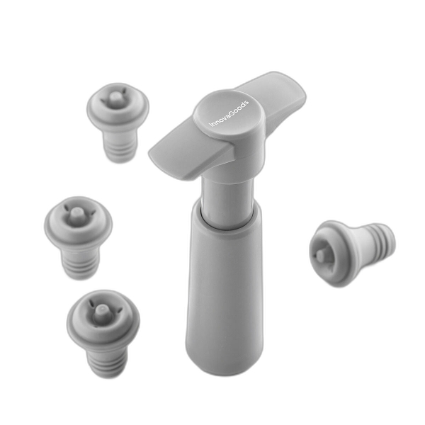 Innovagoods Winuum Bomba Manual de Vacio y Tapones para Vino - Incluye 4 Tapones Reutilizables - Evita Oxidacion Del Vino - Compacto y Ligero - No Apto para Espumosos - Color Gris