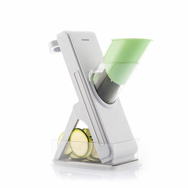 Innovagoods Slichen Mandolina Cortadora de Verduras 5 en 1 - Cuchillas Intercambiables - Plegable - Incluye Recipiente - Facil Limpieza - Seguro - 10x26.5x22cm - Color Gris, Verde y Transparente