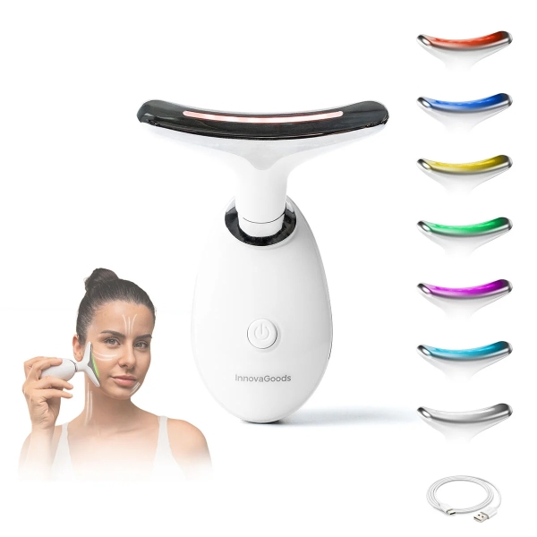 Innovagoods Selora Masajeador Facial Electrico Reafirmante para Cara y Cuello - Autonomia 60min - 500mAh - Termoterapia - Luz LED - Recargable - Autoapagado - Electroestimulacion - Color Blanco
