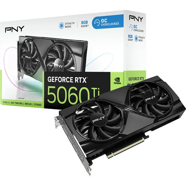 PNY GeForce RTX 5060 Ti Tarjeta Grafica 8GB GDDR7 Overclocked Dual Fan Reflex 2 AI NVIDIA DLSS4