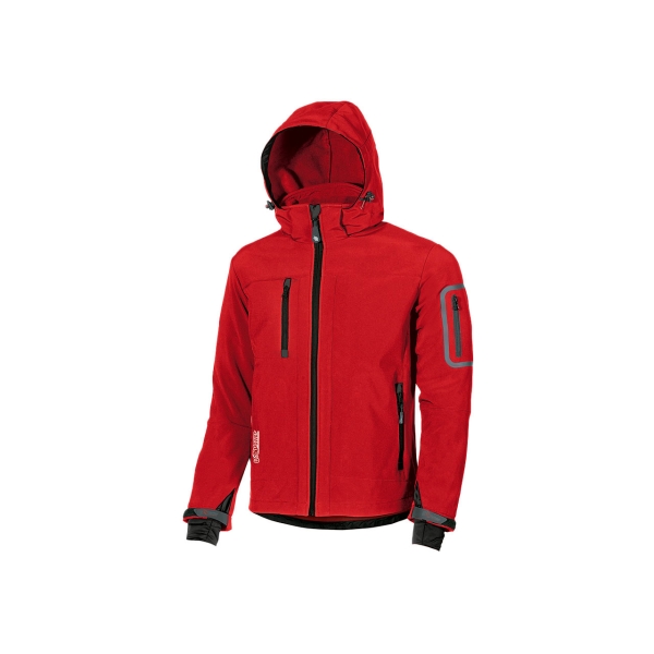 Upower Metropolis Soft Shell de Trabajo - Talla M - Tejido Elastico Cortavientos, Transpirable, Resistente al Agua, Multiples Bolsillos Funcionales, Capucha Desmontable, Proteccion DPI1 - Color Rojo Magma