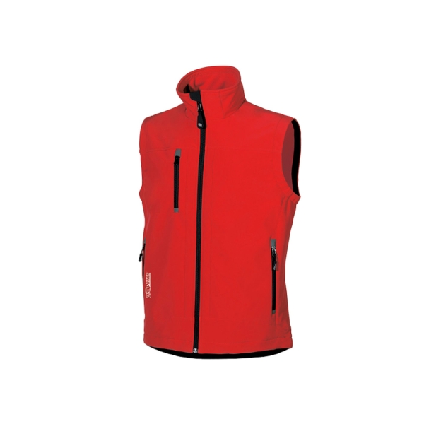 Upower Climb Chaleco de Trabajo Soft Shell - Talla M - Tejido Elastico Transpirable, Resistente al Viento y Agua, Bolsillo para Movil con Cremallera, Proteccion DPI1 - Color Rojo Magma
