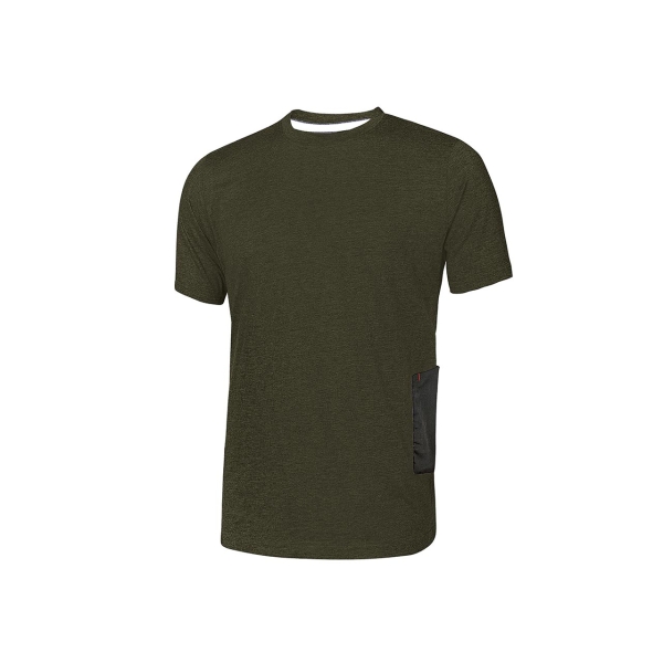 Upower Road Camiseta de Manga Corta en Polycotton Jersey - Talla XL - Slim-Fit, Cuello Acanalado Elastico, Bolsillo para Celular, Cinta Reflex, Proteccion DPI1 - Color Verde Oscuro