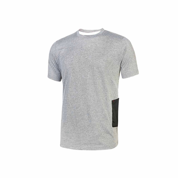 Upower Road Camiseta de Manga Corta en Polycotton Jersey - Talla S - Slim-Fit, Cuello Acanalado Elastico, Bolsillo para Celular, Cinta Reflex, Proteccion DPI1 - Color Gris Plateado