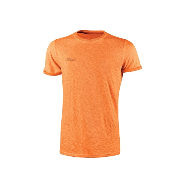 Upower Fluo Camiseta de Manga Corta - Talla 4XL - Algodon Flameado, Tejido Slub Cotton, Transpirable, Ajuste Slim-Fit, Cuello Redondo Acanalado, Logotipo Bordado - Color Naranja Fluorescente
