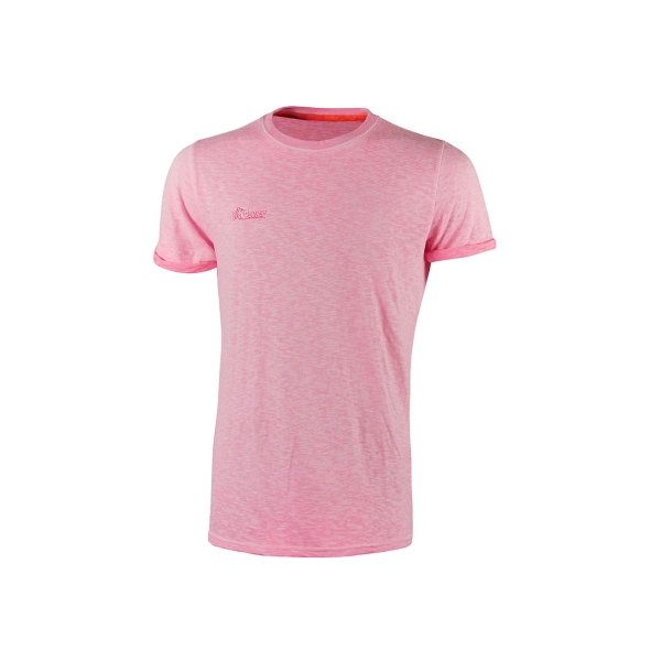 Upower Fluo Camiseta de Manga Corta - Talla XL - Algodon Flameado, Tejido Slub, Transpirable, Ajuste Slim-Fit, Cuello Redondo Acanalado, Banda para el Sudor, Logotipo Bordado - Color Rosa Fluorescente