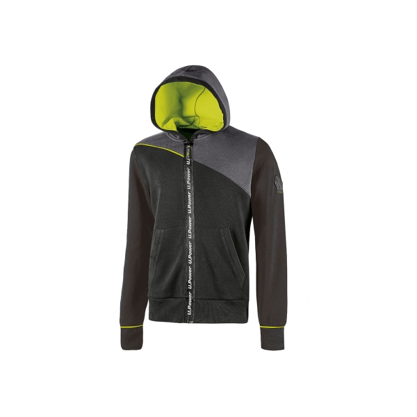 Upower Jupiter Sudadera de Trabajo - Talla L - Cremallera Impermeable, Capucha Ajustable, Bolsillos Practicos, Piping Fluo Elastico, Proteccion DPI1 - Color Negro Carbon