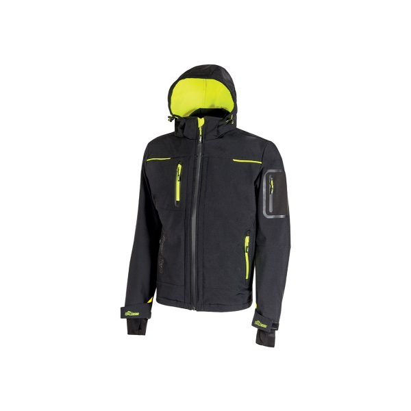 Upower Space Chaqueta Softshell Impermeable - Talla 2XL - Transpirable, a Prueba de Viento, Forro Micropolar, Capucha Desmontable, Bolsillos con Cremalleras Fluorescentes, Proteccion DPI1 - Color Negro Carbon