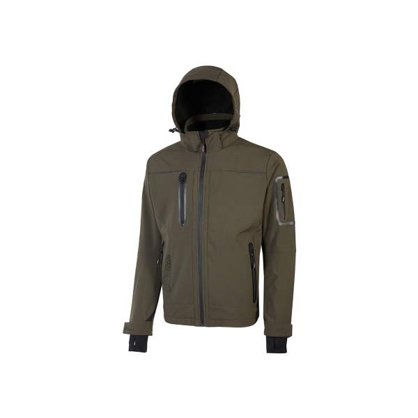 Upower Space Chaqueta Softshell - Talla 4XL - Repelente al Agua, a Prueba de Viento, Forro Micropolar, Capucha Desmontable, Cremalleras Fluorescentes, Proteccion DPI1 - Color Verde Oscuro