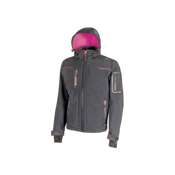 Upower Space Lady Chaqueta Softshell - Talla 3XL - Membrana U-Tex, Impermeable y Transpirable, Forro Micropolar, Capucha Desmontable, Bolsillos Avanzados, Proteccion DPI1 - Color Gris Fucsia