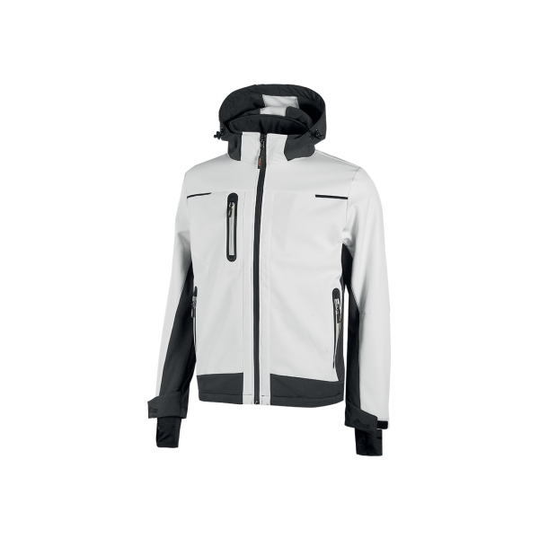 Upower Space Chaqueta Softshell Impermeable - Talla XL - Transpirable, a Prueba de Viento, Forro Micropolar, Capucha Desmontable, Bolsillos Avanzados, Proteccion DPI1 - Color Blanco
