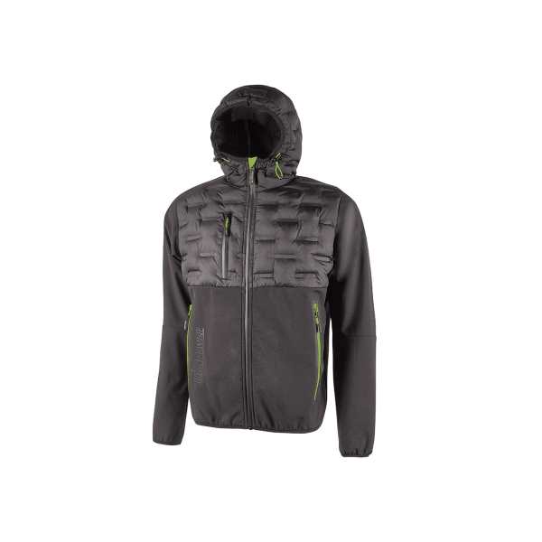 Upower Spock Chaqueta Hibrida Transpirable y Antiviento - Talla 3XL - Cierre Cremallera Impermeable, Capucha Ajustable, Acolchado sin Costuras, Bolsillos Fluorescentes, Proteccion DPI1 - Color Gris Asfalto