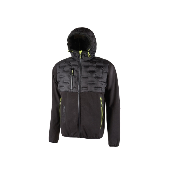 Upower Spock Chaqueta Hibrida Transpirable y Antiviento - Talla S - Cierre Impermeable, Capucha Ajustable, Plumon sin Costuras, Bolsillos Fluorescentes, Proteccion DPI1 - Color Negro Carbon