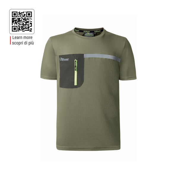 Upower Christal Camiseta Hombre con Termorregulacion Inteligente - Talla M - Efecto Antimicrobiano, Detalles Reflectantes, Bolsillo con Cremallera, Proteccion DPI1 - Color Verde Oliva